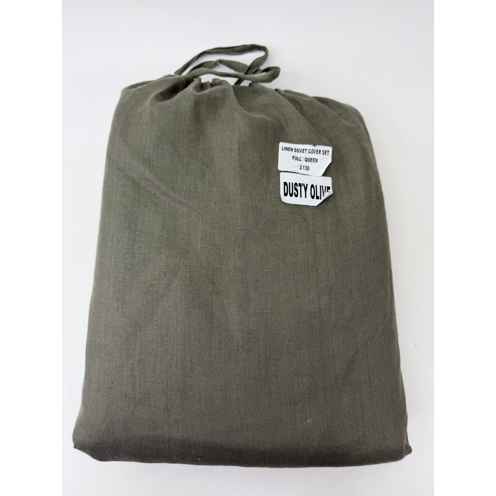 Quince Linen Duvet Cover Set Full Queen Dusty Olive Green Bedding 3pc Set